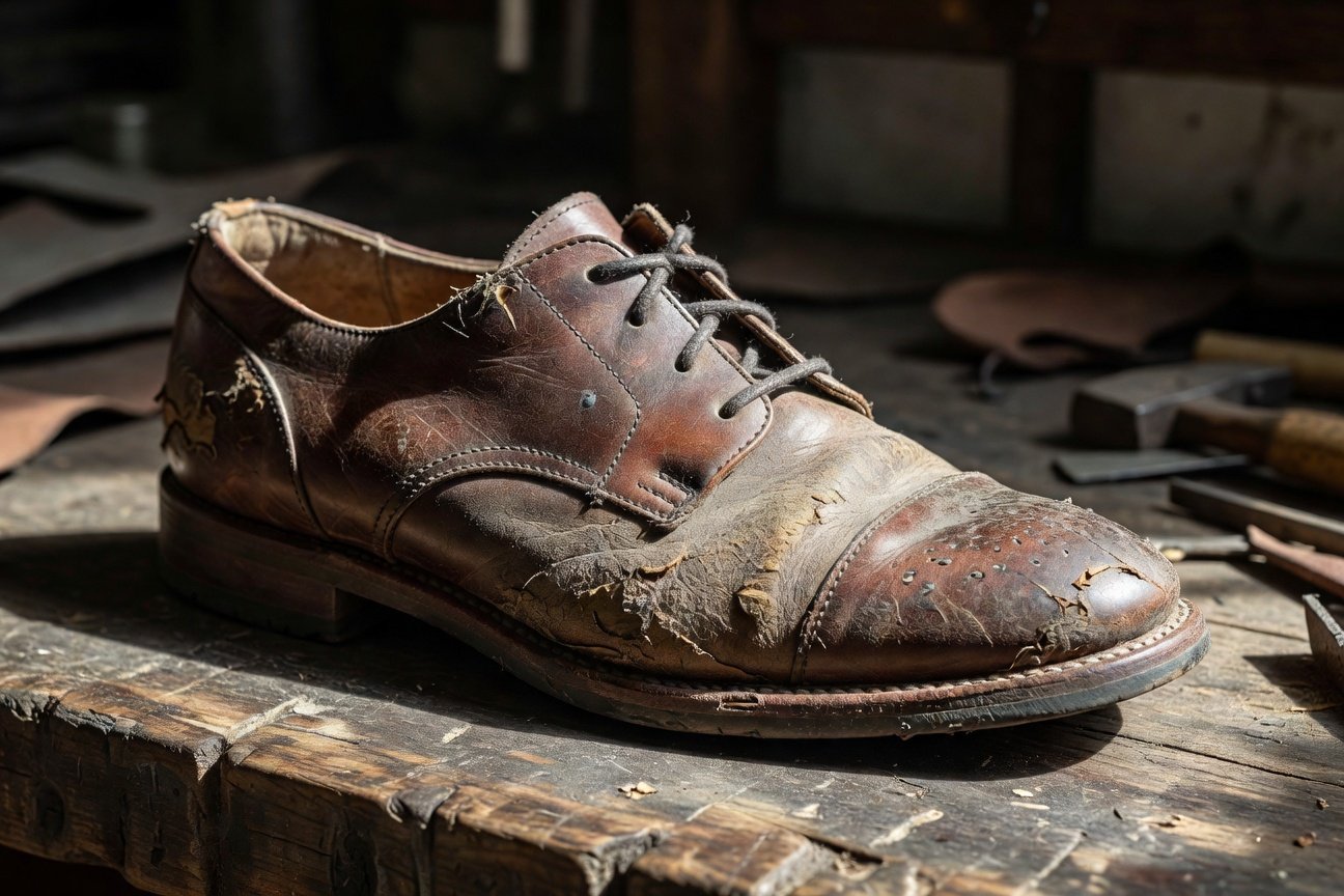 Chaussure en cuir très abîmée avant rénovation